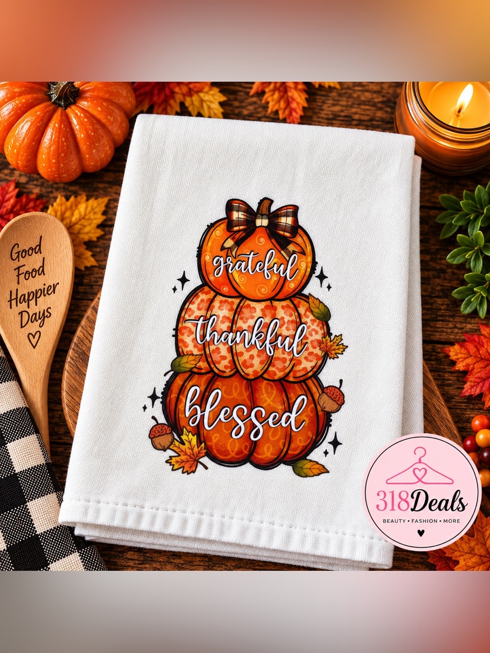 Grateful Thankful Blessed Pumpkin Kitchen Towel Fall Thanksgiving Decor